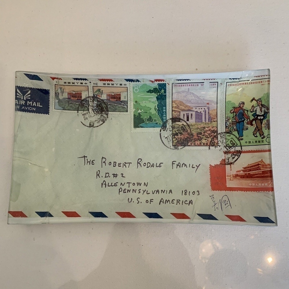 Heidi Rodale Glass Decoupage Tray "Postage Stamps" Robert Rodale Signed 2007 10"